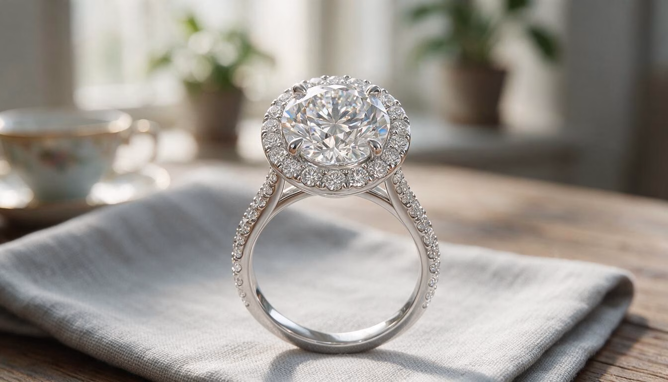 Haloring i vitguld med diamant omgiven av diamanthalo – Guldsmedspecialisten