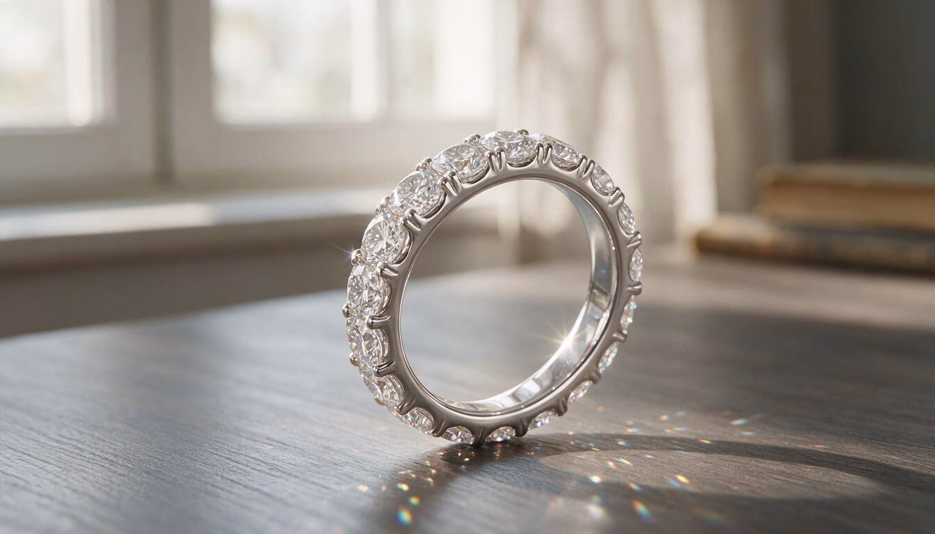 Alliansring i vitguld med diamanter runt hela skenan – Guldsmedspecialisten