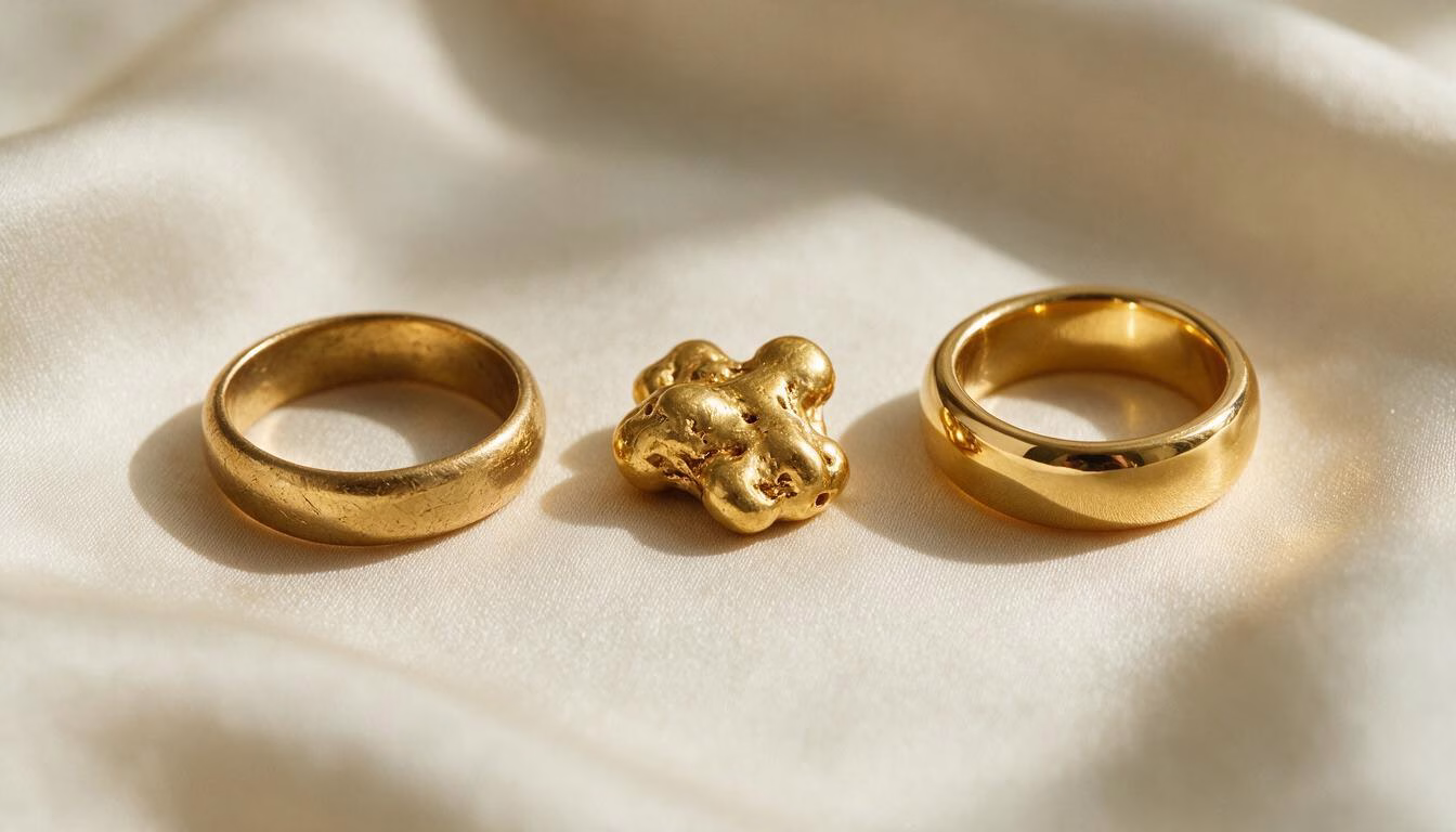 Gammal guldring bredvid smält guld och nygjuten ring – symbol för omarbetning hos Guldsmedspecialisten