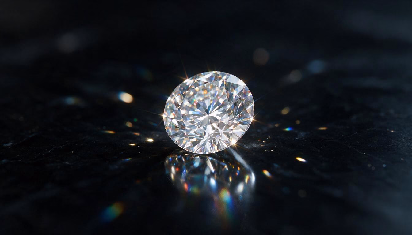 Makrofoto av en briljantslipad diamant med gnistrande ljusspel – Guldsmedspecialisten